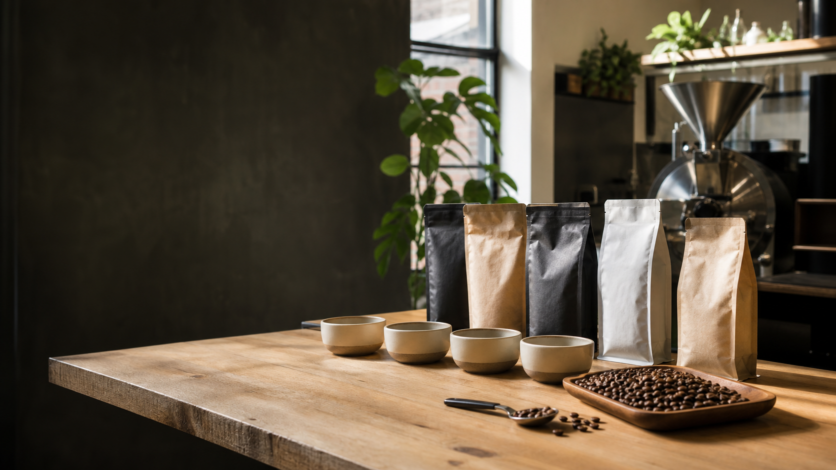 Coffee tasting table with bags, cups, and roasting equipment